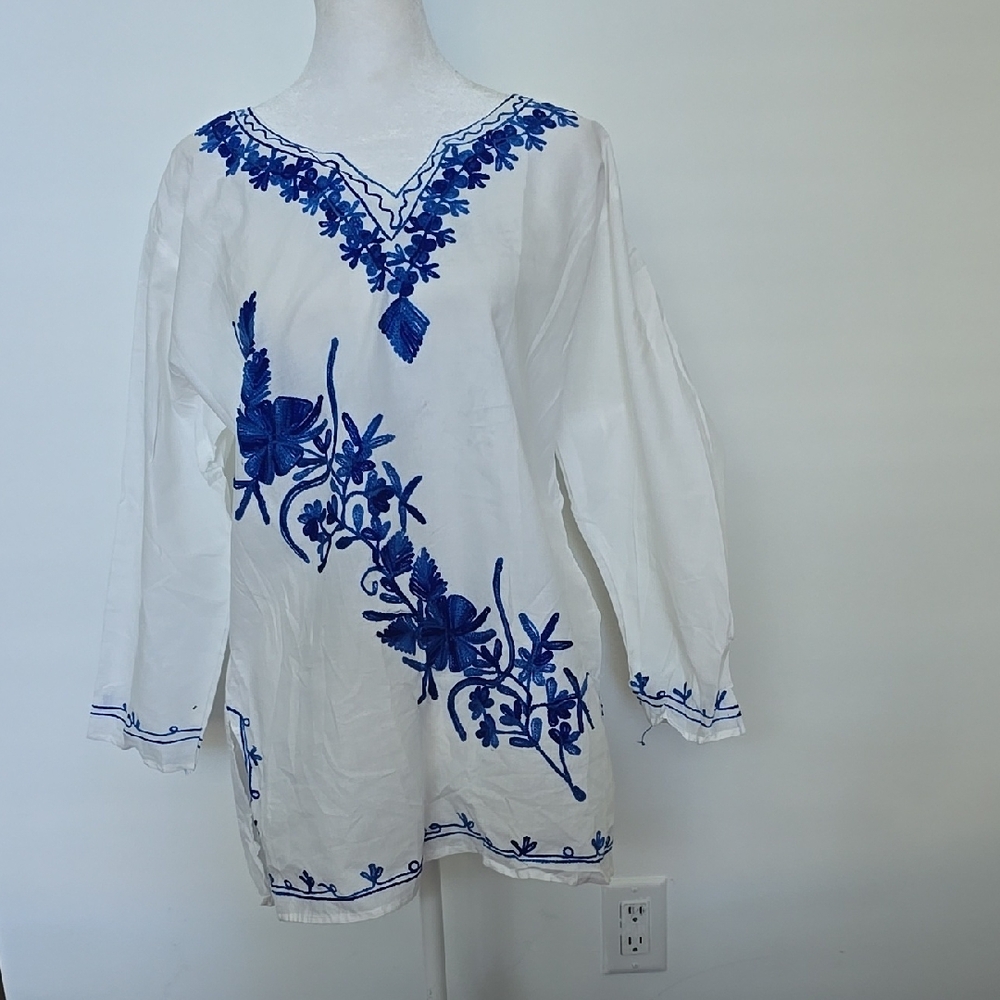 Elegant Blue Embroidered White Tunic